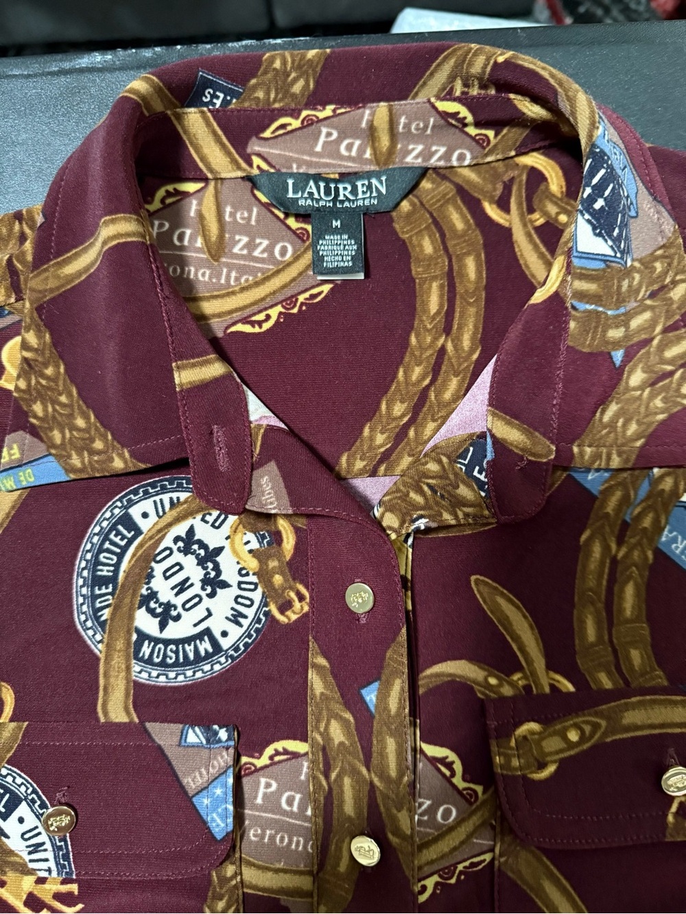 Lauren Ralph Lauren Burgundy Chain & Emblem Print Button-Down Shirt Medium